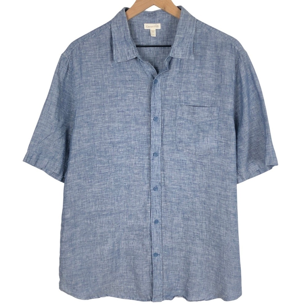GARNET HILL 100% Linen Short Sleeve Shirt Men's Sz L Blue Button Up Casual ST22